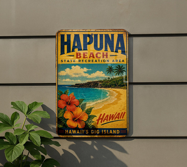A vintage-style metal sign for Hapuna Beach, Hawaii, featuring a tropical beach scene with palm trees, flowers, and the text "Hapuna Beach State Recreation Area" and "Hawaii's Big Island".