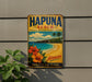 A vintage-style metal sign for Hapuna Beach, Hawaii, featuring a tropical beach scene with palm trees, flowers, and the text "Hapuna Beach State Recreation Area" and "Hawaii's Big Island".