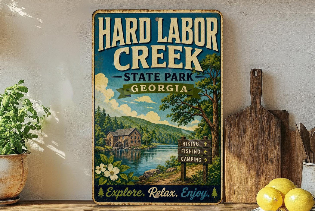 a vintage-style metal sign for Hard Labor Creek State Park in Georgia, with a scenic illustration of a lake, mountains, and a cabin. The sign encourages visitors to explore, relax, and enjoy the natural beauty of the park.