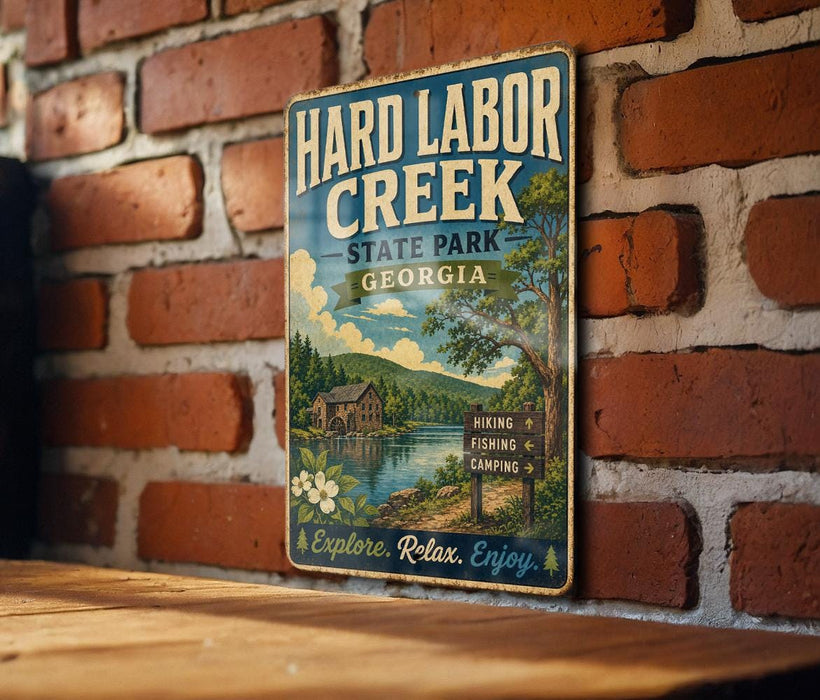A vintage-style metal sign for Hard Labor Creek State Park in Georgia, featuring a scenic illustration of a lake, mountains, and a cabin.