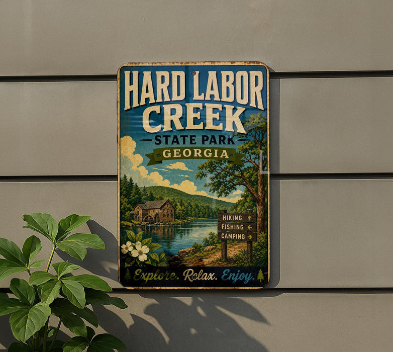 A vintage-style metal sign for Hard Labor Creek State Park in Georgia, featuring a scenic landscape with a lake, mountains, and a cabin.