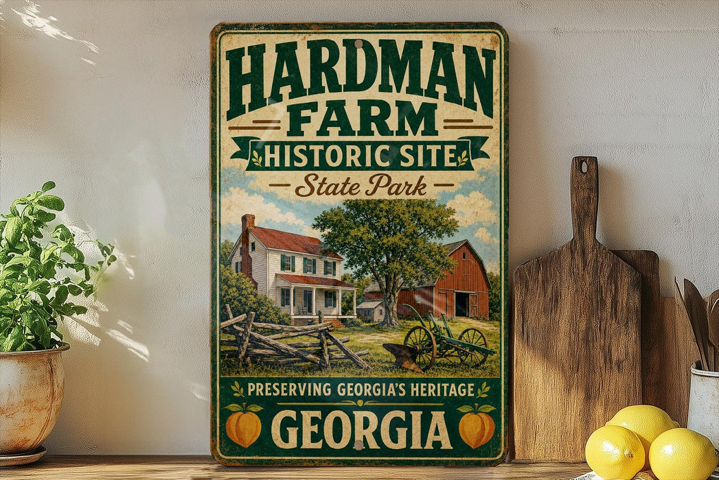 A vintage-style sign for the Hardman Farm Historic Site in Georgia, featuring a farm scene with a barn, house, and tractor.
