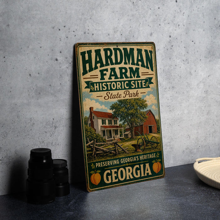 A vintage metal sign for the Hardman Farm Historic Site in Georgia, featuring an illustration of a farmhouse and a tree.