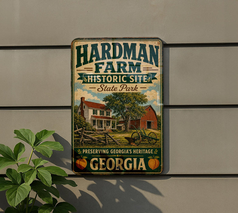 A vintage metal sign for the Hardman Farm Historic Site in Georgia, featuring a farm scene with a barn, trees, and a wagon.