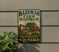 A vintage metal sign for the Hardman Farm Historic Site in Georgia, featuring a farm scene with a barn, trees, and a wagon.
