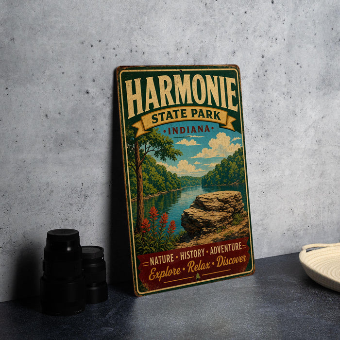 A vintage metal sign for Harmonie State Park in Indiana, featuring a scenic landscape with a river, trees, and a rocky outcrop.