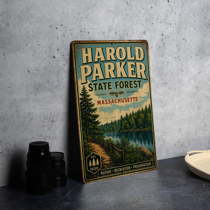 A vintage-style metal sign for Harold Parker State Forest in Massachusetts, featuring a scenic illustration of a forest and a lake.
