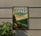 A vintage-style metal sign for Harold Parker State Forest in Massachusetts, featuring a scenic landscape with a river and pine trees.