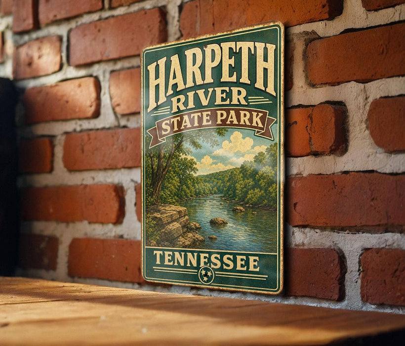 A vintage-style metal sign for Harpeth River State Park in Tennessee, featuring a scenic illustration of the river and surrounding landscape.