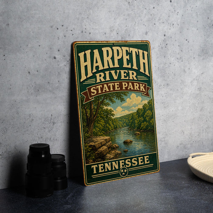 A vintage-style sign for Harpeth River State Park in Tennessee, featuring a scenic illustration of the river surrounded by lush greenery.