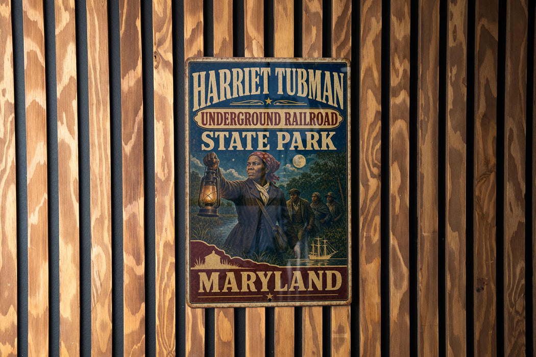A vintage-style metal sign for Harriet Tubman Underground Railroad State Park in Maryland, featuring an illustration of Harriet Tubman and the park's name.