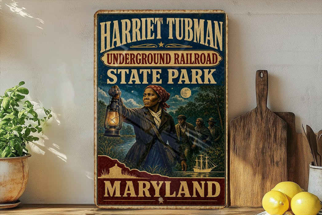 A vintage-style poster of Harriet Tubman, the Underground Railroad, and State Park in Maryland, featuring a woman holding a lantern and a wagon.