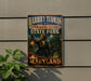 A vintage-style sign for Harriet Tubman Underground Railroad State Park in Maryland, featuring a woman holding a lantern and a historical illustration of Harriet Tubman.