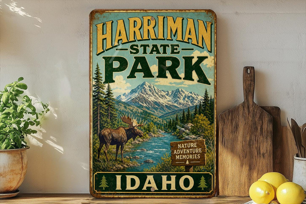A vintage-style metal sign for Harriman State Park in Idaho, featuring a moose and a mountain landscape.