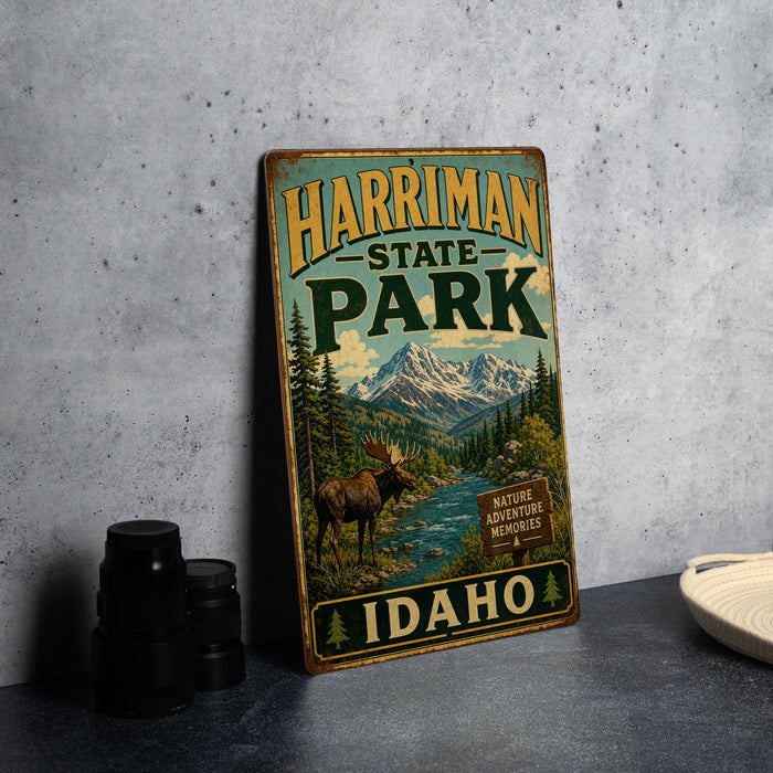 A vintage metal sign for Harriman State Park in Idaho, featuring a moose and a mountain landscape.