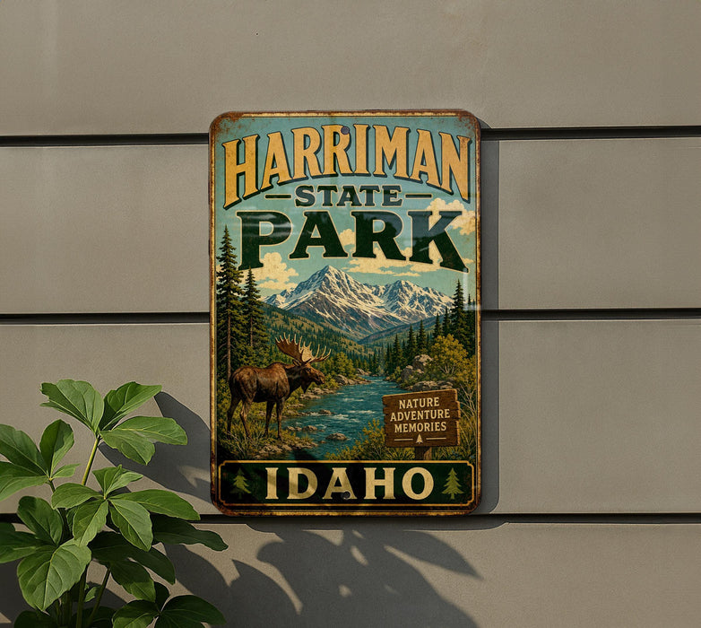 A vintage metal sign for Harriman State Park in Idaho, featuring a moose and a mountain landscape.