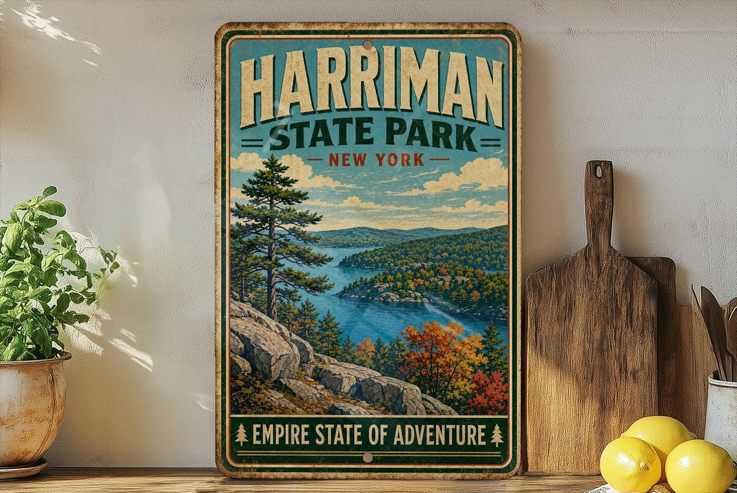 A vintage-style sign for Harriman State Park in New York, featuring a scenic landscape with a lake and mountains.