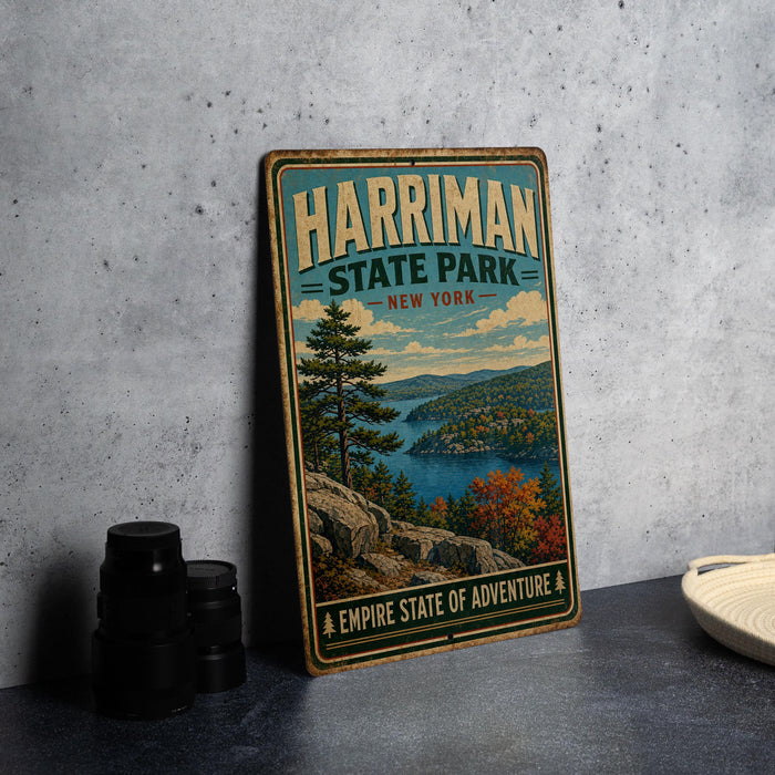 A vintage-style metal sign for Harriman State Park in New York, featuring a scenic landscape with a lake and mountains.