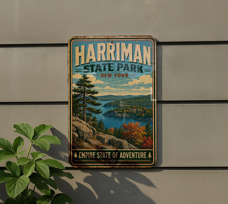 A vintage-style metal sign for Harriman State Park in New York, featuring a scenic landscape with a lake and mountains.