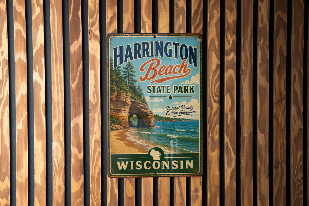 A vintage metal sign for Harrington Beach State Park in Wisconsin, featuring a scenic image of the beach and cliffs.