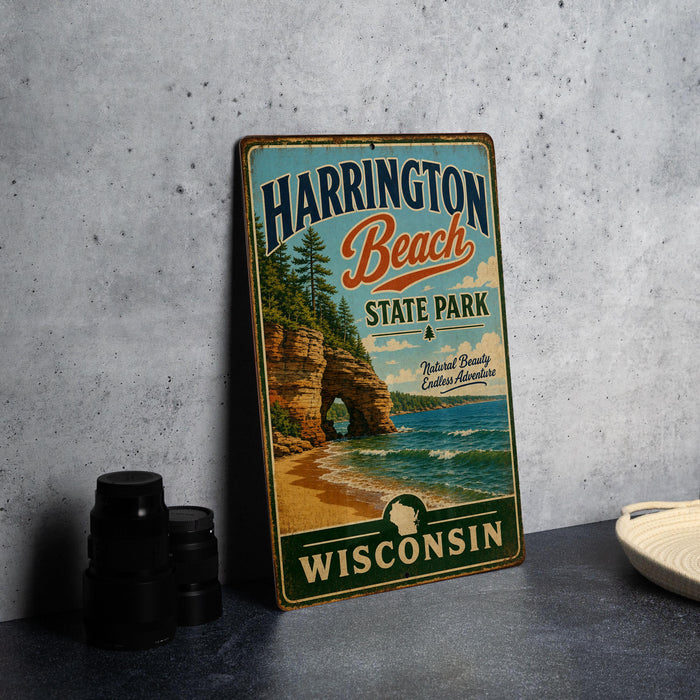 A vintage metal sign for Harrington Beach State Park in Wisconsin, featuring a scenic illustration of the park's natural beauty and adventure opportunities.