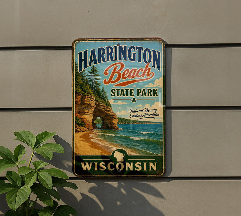 A vintage metal sign for Harrington Beach State Park in Wisconsin, featuring a scenic beach landscape with a rock formation and a lake.