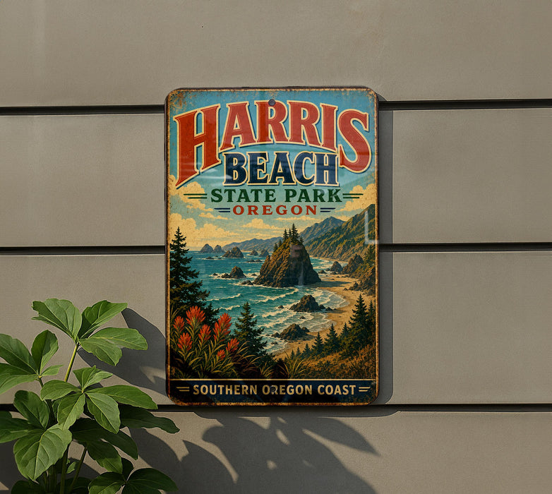 A vintage-style metal sign for the coastal park, featuring a scenic landscape with mountains, trees, and a beach.