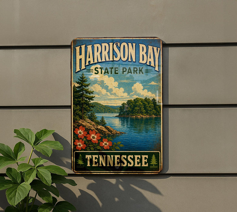 A vintage-style sign for Harrison Bay State Park in Tennessee, featuring a scenic landscape with a lake, trees, and flowers.