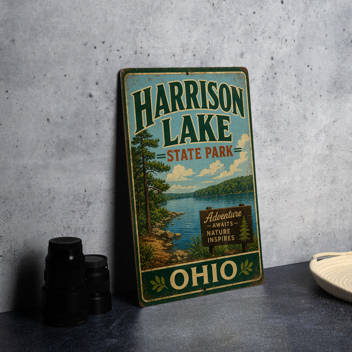 A vintage-style sign for Harrison Lake State Park in Ohio, featuring a scenic landscape with a lake, trees, and mountains.