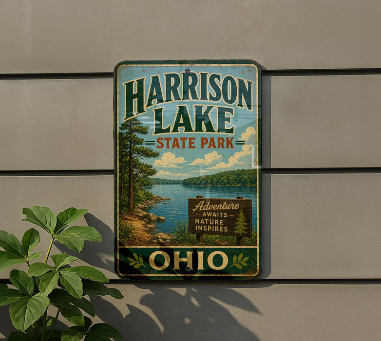 A vintage-style metal sign for Harrison Lake State Park, featuring a scenic lake landscape and the park's name.