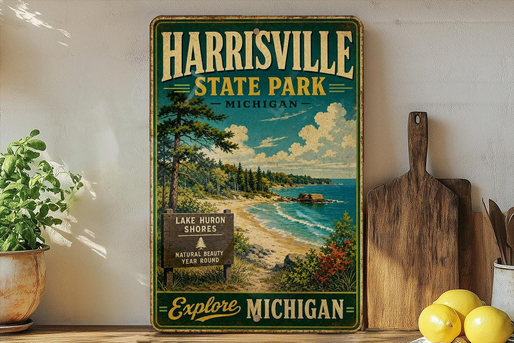 A vintage-style sign for Harrisville State Park in Michigan, featuring a scenic landscape with a lake, pine trees, and a beach.