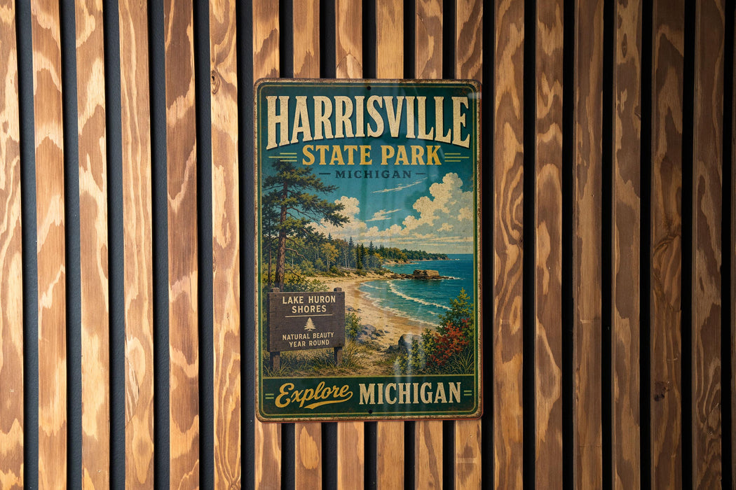 A vintage metal sign for Harrisville State Park in Michigan, featuring a scenic landscape with a lake, forest, and beach.