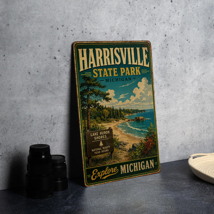 A vintage-style metal sign for Harrisville State Park in Michigan, featuring a scenic landscape with a lake, beach, and mountains.