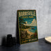 A vintage-style metal sign for Harrisville State Park in Michigan, featuring a scenic landscape with a lake, beach, and mountains.