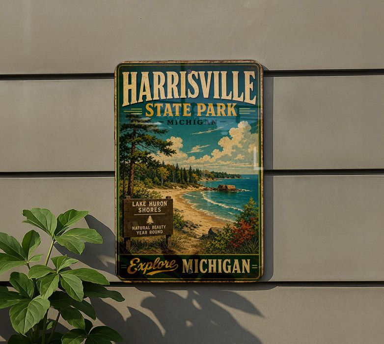 A vintage metal sign for Lake Huron Shores State Park in Michigan, featuring a scenic landscape with a beach, trees, and a lake.