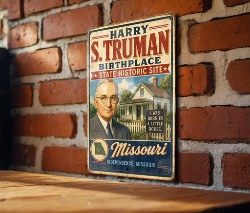 A vintage metal sign featuring a portrait of a man with the text "HARRY S. TRUMAN BIRTHPLACE" and "MISSOURI INDEPENDENCE, MISSOURI" on it, mounted on a brick wall.
