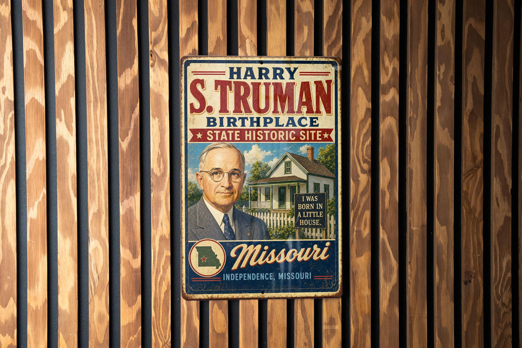 A vintage metal sign featuring a portrait of a man with the text "Harry S. Truman Birthplace State Historic Site" and "I WAS BORN IN A LITTLE HOUSE, MISSOURI" displayed on a wooden wall.