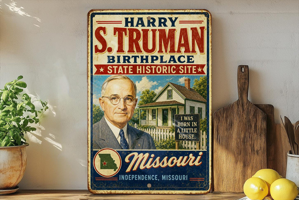 A vintage-style metal sign featuring a portrait of a man, with text indicating that he was born in a little house in Missouri.