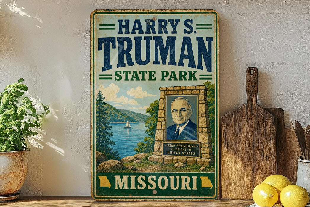 A vintage metal sign for "Harry S. Truman State Park" in Missouri, featuring a portrait of a man and a scenic landscape.