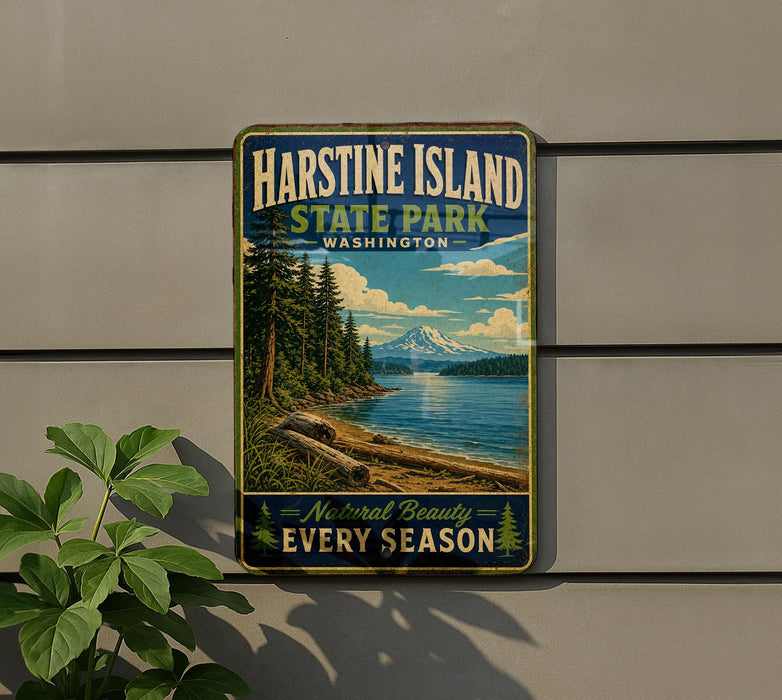A vintage-style sign for Harstine Island State Park in Washington, featuring a scenic landscape with a mountain, pine trees, and a lake.