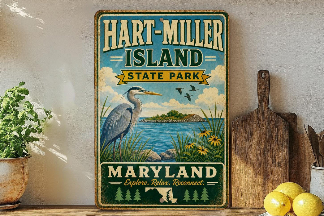 A vintage-style sign for Hart-Miller Island State Park in Maryland, featuring a blue heron and a scenic landscape.