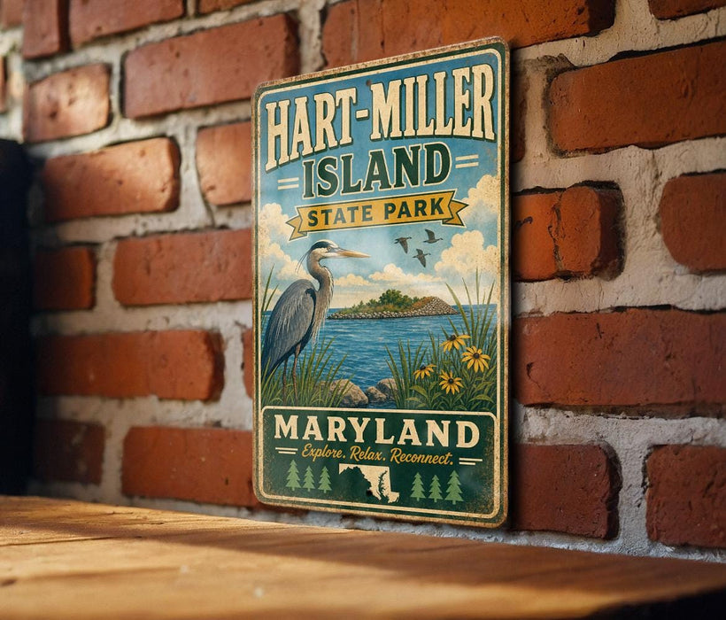 A vintage metal sign for Hart-Miller Island State Park in Maryland, featuring a blue heron and a scenic landscape.