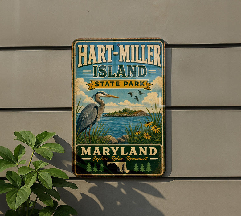 A vintage metal sign for Hart-Miller Island State Park in Maryland, featuring a blue heron and a scenic landscape.