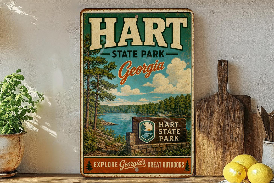 A vintage-style metal sign for Hart State Park in Georgia, featuring a scenic landscape with a lake and pine trees.