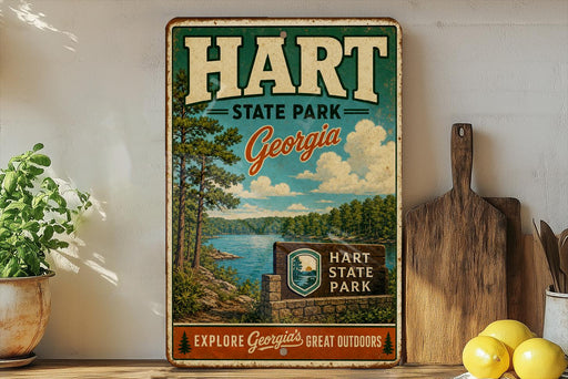 A vintage-style metal sign for Hart State Park in Georgia, featuring a scenic landscape with a lake and pine trees.
