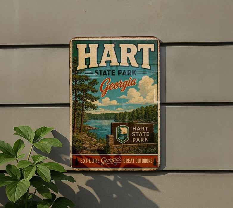 A vintage-style metal sign for Hart State Park in Georgia, featuring a scenic landscape with a lake and trees.