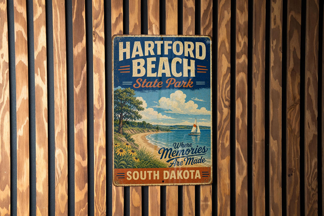 A vintage metal sign for Hartford Beach State Park in South Dakota, featuring a scenic illustration of the beach and surrounding landscape.