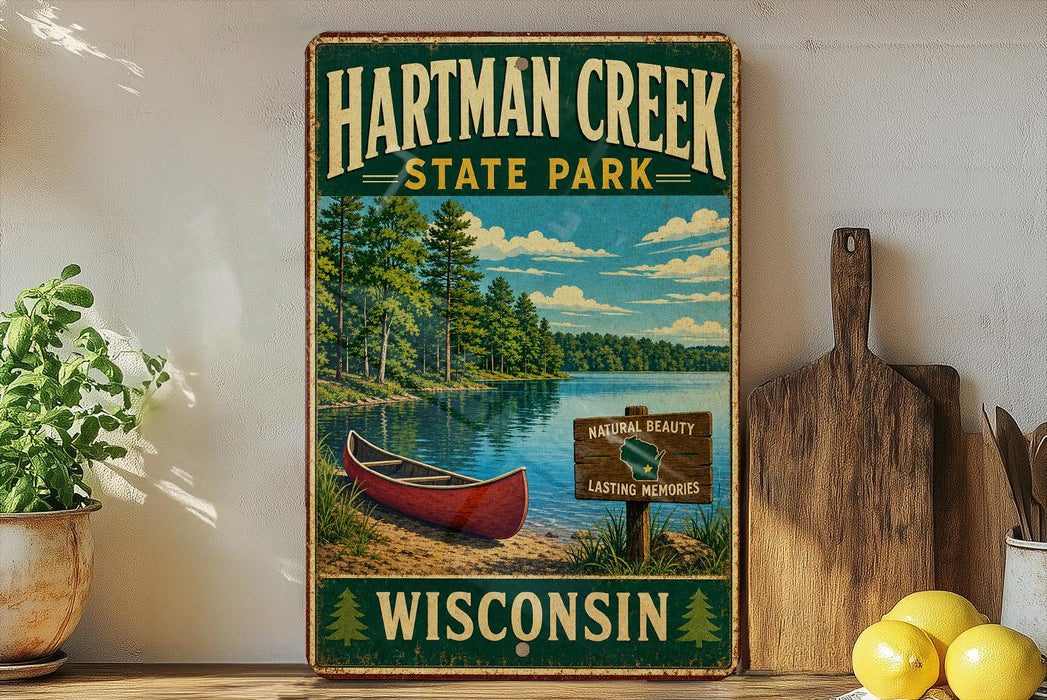 A vintage-style metal sign for Hartman Creek State Park in Wisconsin, featuring a scenic image of a lake, canoe, and surrounding forest.