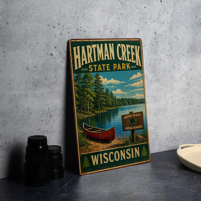 A vintage-style sign for Hartman Creek State Park in Wisconsin, featuring a scenic illustration of a lake, canoe, and forest.