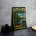 A vintage-style sign for Hartman Creek State Park in Wisconsin, featuring a scenic illustration of a lake, canoe, and forest.